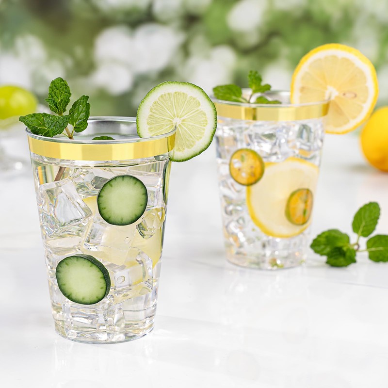 BESTVIP 12oz Gold Plastic Cups, 100 Pack Gold Rimmed Disposable