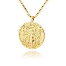 RMYSUM Necklace with Coin, Hekate Athene, Artemis Greek Mythology, 18 Carat Gold-Plated Medal Queen Necklace for Women, Agate