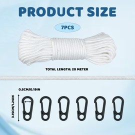 Flag Pole Rope, Professional Halyard Kit with 6 Clips, 20m 6mm Nylon Cord for Outdoor Installation, Marine Applications and Garden Projects, Durable White Rope Solution