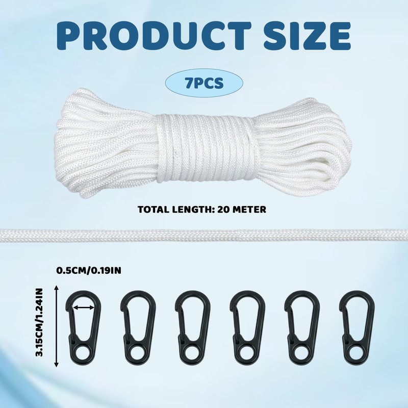 Flag Pole Rope, Professional Halyard Kit with 6 Clips, 20m