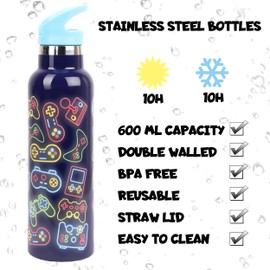 Fringoo - Neon Gamer Water Bottle with Straw- Tall BPA Free Water Bottles - Insulated Water Bottle - Stainless Steel Water Bottle - Kids Water Bottles - Reusable Water Bottle - 600 ml