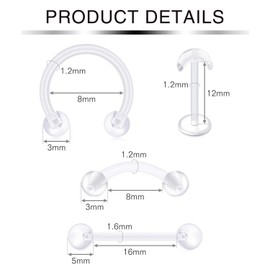 incaton Piercing Retainer Clear Bioflex Flexible 14G 16G Labret Stud Retainer Septum Cartilage Rook Daith Earrings Horseshoe Plastic Industrial Piercing
