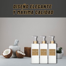 Set of 3 Hand Soap Dispensers for Bathroom 500 ml, Soap Dispenser Set for Shower and Bath, Dispenser with Golden Tones, Dispenser for Shampoo, Lotion, Conditioner, White