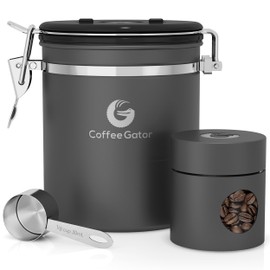 Coffee Gator Coffee Canister Airtight, 16oz Stainless Steel and 4oz Borosilicate Glass Travel Kitchen Food Storage Container with Date Tracker, Scoop for Beans, Ground, Sugar, Tea, Cookies Jars