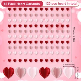 Epakh 12 Pcs Valentine's Day 3D Heart Garland Banners 57ft Hanging Paper Heart Streamers Valentines Wall Decorations Party Decor Supplies for Galentines Wedding Classroom Birthday(Mixed Color)