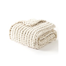 YnM Chunky Throw Blanket, Hand Knitted with Chenille Yarn, Skin Friendly, Ventilated and Breathable, Machine Washable, Home Décor Piece for Couch, Sofa and Bed (Butter Cream, 60x80 Inch)