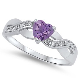 925 Sterling Silver Faceted Natural Genuine Purple Amethyst Infinity Knot Heart Promise Ring Size 5