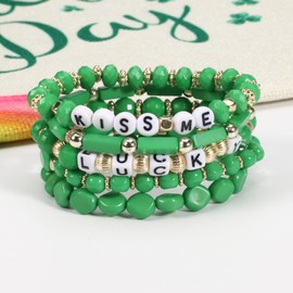 Pingyongchang St.Patrick’s Day Beads Bracelets Lucky Irish Shamrock Adjustable Stackable Stretch Bracelet Cute Green Clover Leaf Beaded Bracelet for Women Men Holiday Festive Jewelry-Set A