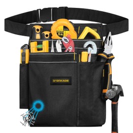 WORKADE Heavy Duty 8-Pockets Single Side Tool Belt for Men & Women–Adjustable Quick-Release Buckle Tool Belt for Electrician, Carpenter, Plumber. (Black, Adjustable)