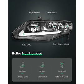 LSAILON Headlight Assembly Replacement Fit 2006-2011 for Honda Civic Driver and Passenger Side Black Housing Clear Reflector Clear Lens