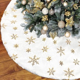 INGEQUIS Falda para Arbol de Navidad de 90cm, Piel Sintética Suave y Grueso con Lentejuelas de Copo de Nieve Dorados, Vestido para Decorar Árbol de Navidad, Decoración Navideña