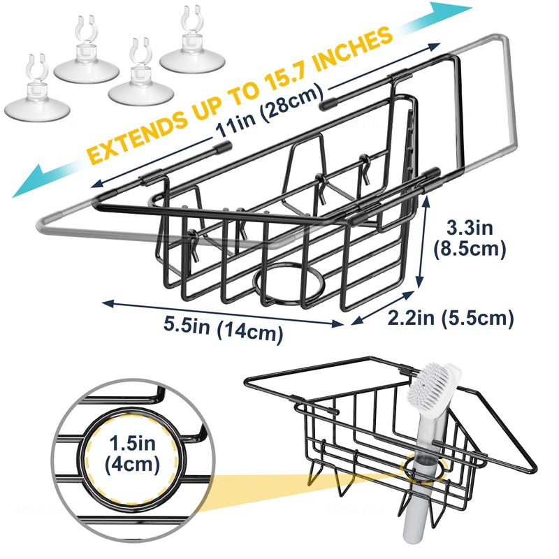 NiHome Extendable Arm Stainless Steel Kitchen Sink Corner Caddy, Easy