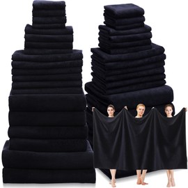 Mixweer 24 Piece Oversized Bath Towels Set Microfiber Absorbent Towels for Spa Camping Bathroom Beach 4 Oversized Bath Towels 2 Bath Sheets 6 Hand Towels 8 Wash Cloths 4 Fingertip Towels (Black)