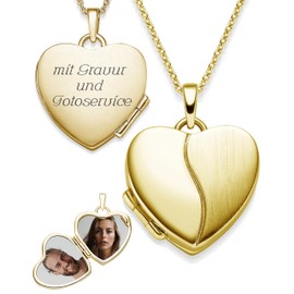 Amoonic Women's Heart Locket Romantic Love Gold Plated to Open, Chain 45-50 cm, Photo Upload Service and Engraving, A Gift from the Heart, 925 silver