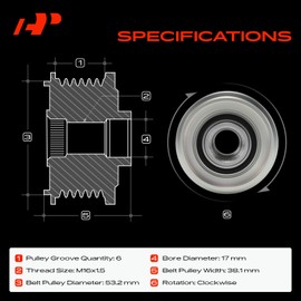 A-Premium Alternator Freewheel Clutch Pulley Compatible with Ford Escape 2005-2007, Focus 2005-2007 & Mazda Tribute 2006, 2.0L 2.3L, 6 Grooves Clockwise