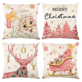 XIEJINJIA Christmas Cushion Cover Home Decor Square Christmas Tree Santa Snowman Gift Pillowcase Pink Throw Pillow Covers Living Room Sofa Couch Bedroom Car 18 x 18 Inch Set of 4
