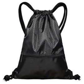 ZningEsxi Drawstring Backpack Zip Water Resistant Pocket Gym Sports Travel Sackpack Swim Bag Foldable String Sack Storage Pocket - Black