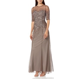 Adrianna Papell Women's 3/4 Sleeve Beaded Illusion Gown with Sweetheart Neckline, Lead, 16