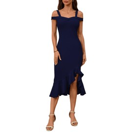 CORSKI Women's Formal Cocktail Dress Cold Shoulder Slit Fishtail Hem Party Club Midi Dress Navy M