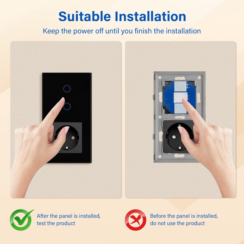 BSEED Touch Light Switch with Socket and LED Interface, 2-Gang,