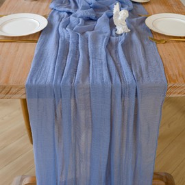 6Pcs Cheesecloth Table Runner 35x120 Inches Boho Gauze Sheer Fabric Table Runner 10ft Cheese Cloth Table Centerpieces for Party Classy Bridal Shower Weddings Graduation Decorations(Dusty Blue)