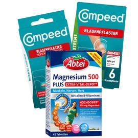 Abtei & Compeed Essentials Trio – 3er Set – Abtei Magnesium 500 Plus, Compeed Blasenpflaster Extreme, Compeed Blasenpflaster Mixpack – Ideal für den Sport und einen aktiven Lebensstil