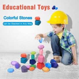Japace Balancing Stones for Children, Stacking Stones Toy, 20 Pieces, Montessori Toy from 2 3 4 Years, Wooden Toy, Coloured Meditation Balancing Stone, Stacking Game, Sorting and Stacking Educational