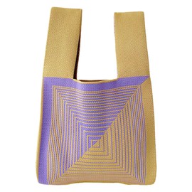 Anopo Women's Wrist Knotted Tote Bag Small Crochet Wristlet Handbag Aesthetic Cute Knit Purse Striped Purple Yellow
