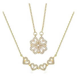 Collar Dije Trebol Corazones 4 Cuatro Hojas Para Mujer Corazon Chapado En Oro 18k Dama Elegante Colgante Convertible Doble Vista Magnético Baño De Oro Con Zirconias Cúbicas Mujeres