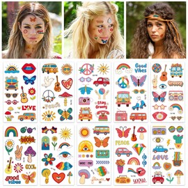 HOWAF 10 PCS Hippie Temporary Tattoo, 60s 70s Party Decorations Waterproof Fake Tattoos Stickers Peace Sign Retro Flower Groovy Party Hippy Tattoos for Kids Adult Hippie Accessories Party Bag Filler