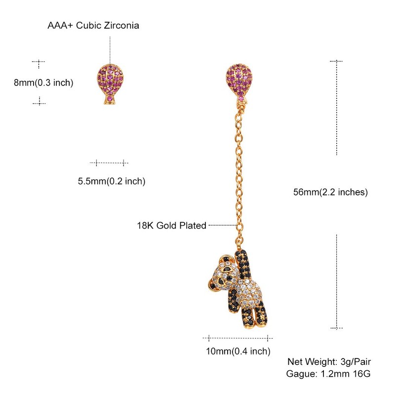 Suplight Unmatched Earrings for Women Gold Cubic Zirconia Ballon Bear