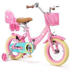 Glaf Toddler Girls Bike for Kids Age 2-12 Years Old 12 14 16 20 Inch Girls Bike with Training Wheels and Doll Seat Kids Bicycle with Basket Adjustable Seat (14 Inch with Training Wheels, Flower Pink)
