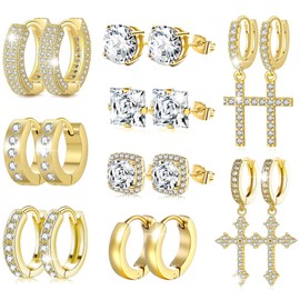 FEYIR 9 Pairs Earrings for Men Stainless Steel Small Hoop Earrings Hypoallergenic CZ Cross Dangle Earrings Cubic Zirconia Stud Earrings Huggie Men's Earrings Set