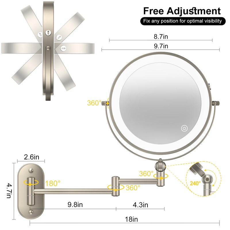 IMIKONA 9" Wall Mounted Lighted Makeup Mirror,4000mAh Rechargeable Double Sided