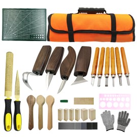 SNAIL GARDEN Wood Carving Kit for Beginners, 32PCS Whittling Tools Set with Metal Files & 3 Material Spoons, Premium Wood Carving Tools Set in Oxford Fabric Storage Bag with Basswood Blocks