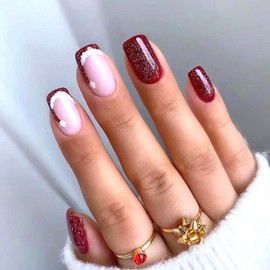 Christmas Press on Nails Medium Square Fake Nails with Santa Hat Glitter Design Glue on Nails burgundy Xmas Full Cover False Nails Glossy Acrylic Christmas Nails for Girls 24Pcs