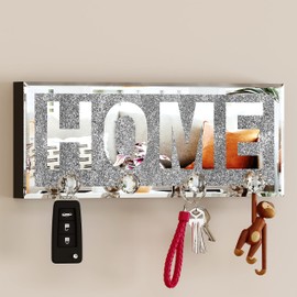 Wall Mounted Key Holder with Home Letter Sign Mirrored Key Rack,4 Crystal Hooks Decor for Entryway Front Door Kitchen Hallway Garage Decorative,11.8"×4.7"×0.5"