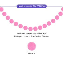 MECCANIXITY 2Pcs Felt Ball Garland Pink Pom Pom Garland Handing Balls 7.55 Feet Long 20 Balls Party Banner Decor for Christmas Birthday Party Decoration