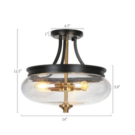 Semi Flush Mount Ceiling Light, Black Gold Close to Ceiling Light Fixture 3 Light Modern Farmhouse Ceiling Light with Seeded Glass for Kitchen Bedroom Hallway Entryway