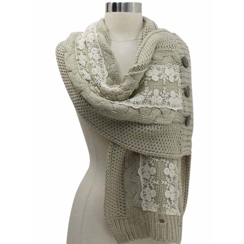 Beige Cable Knit Scarf Neck Wrap With Lace & Button