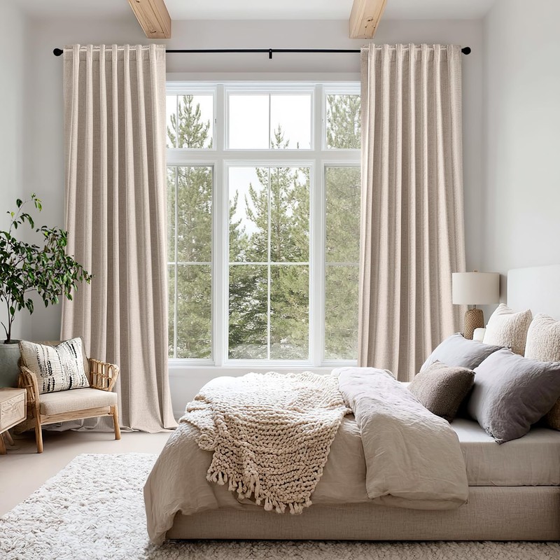 MIULEE 100% Blackout Linen Curtains for Bedroom, Beige Solid Luxury
