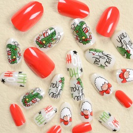 24 Pcs Short Press on Nails Almond Christmas Fake Nails Cute Cartoon Designs Red False Nails Glossy Full Cover Stick on Nails with Letter Pattern Artificial Nails for Women Girls Christmas Nails