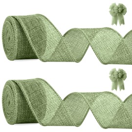 Sage Green Ribbon Burlap Ribbon 1 1/2 Inch Green Wired Ribbon Christmas Green Ribbon for Gift Wrapping Total 10 Yards Olive Green Ribbon for Christmas Tree Garland Ribbons for Crafts Wreaths 2 Rolls