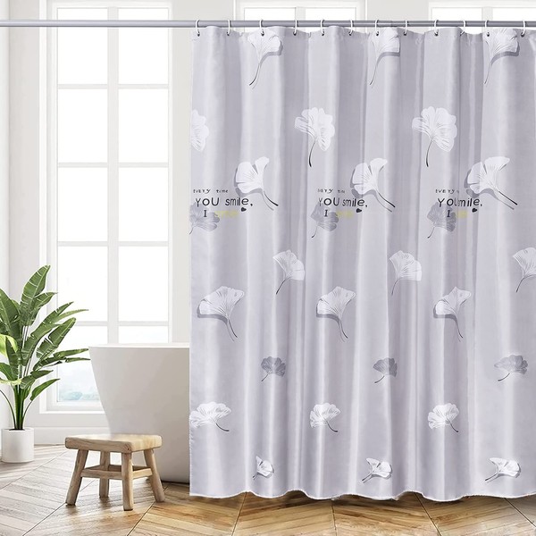 HANFU Shower Curtain 180 x 200 cm, Washable Polyester Shower Curtain, Quick Dry Shower Curtains with 12 Hooks, Bath Curtain for Home Hotel, Weighted Hem, Grey Ginkgo Leaf Pattern