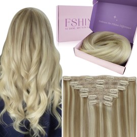 Fshine Hair Extensions Clip in Balayage Ash Blonde to Bleach Blonde with Platinum Blonde Hair Clip in Straight Hair Double Weft Clip in Hair Extensions Human Hair Silky Straight 16 Inch 7 Pcs 120g