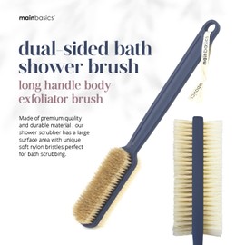MainBasics Shower Brush Back Scrubber Dual-Sided Body Brush Long Handle with Soft and Stiff Bristles for Dry & Wet Brushing (Navy Blue)