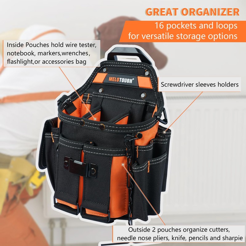 MELOTOUGH Electrician Tool Pouch Bag with Shoulder Strap Professional 16