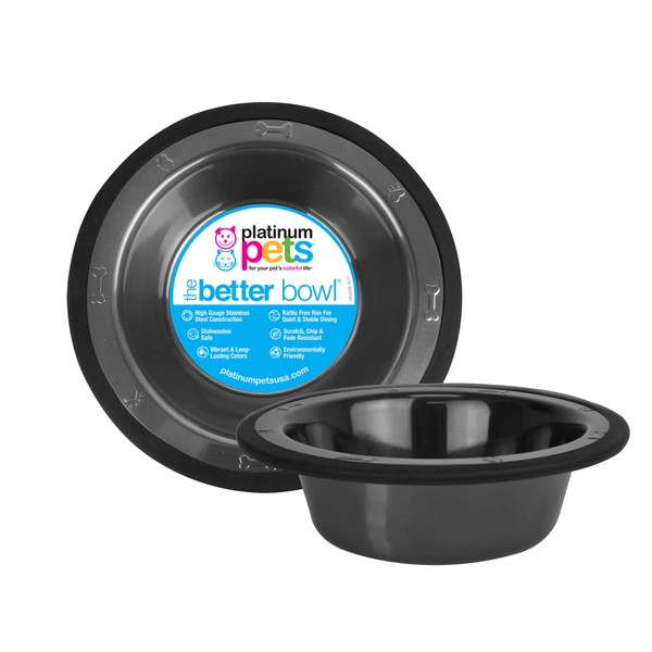 Platinum Pets Switchin Stainless Steel Wide Rimmed Dog/Cat Bowl 50 oz, Black Chrome, Large
