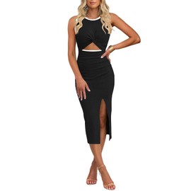 oten Cutout Dresses for Women Sleeveless Bodycon High Slit Ribbed Party Wedding Guest Midi Dress for Going Out Black White Medium