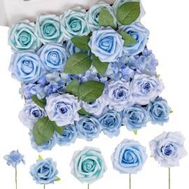 TINGE TIME Artificial Flowers 36pcs Real Looking Silk Flowers Fake Rose with Stems for DIY Wedding Bouquets Dusty Pink Bridal Shower Centerpieces Party Decorations (Provence Blue A)